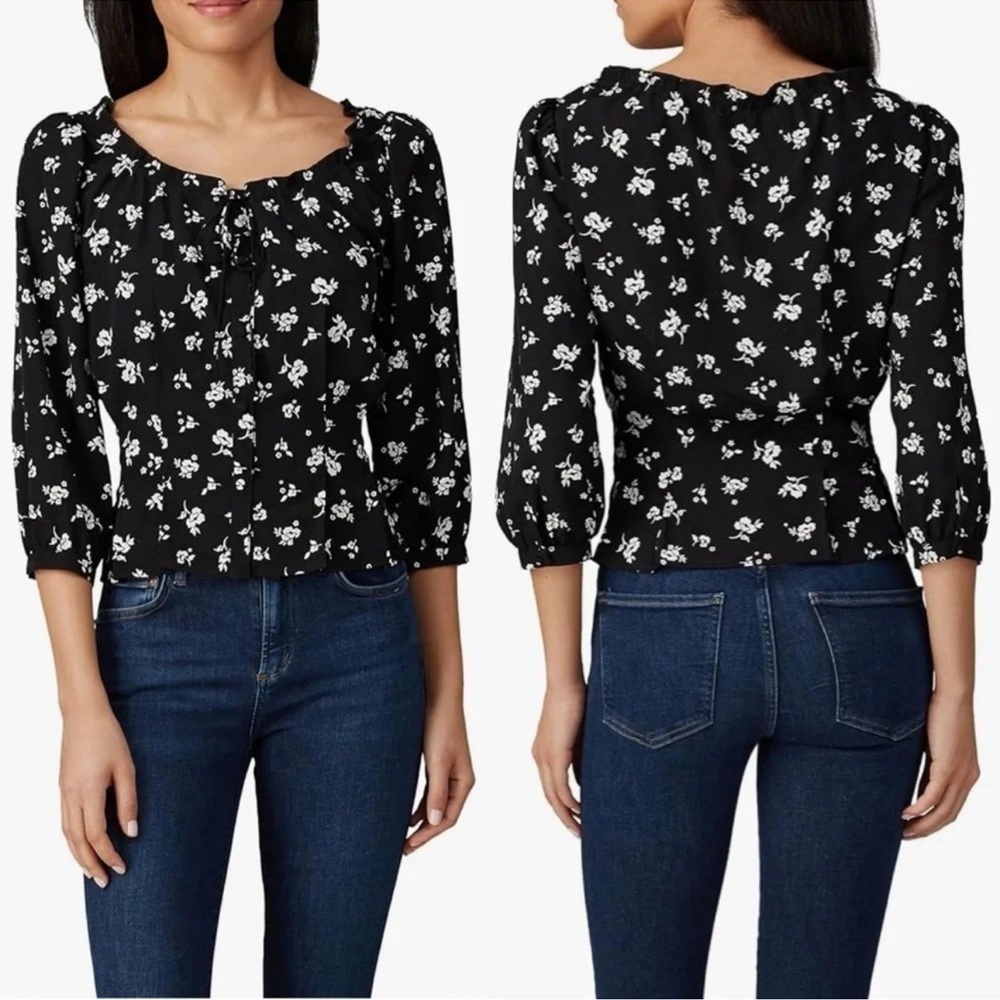 Sweet Baby Jamie NWT Size Small Black Floral Tie Top Pleated Waist, 3/4 sleeve